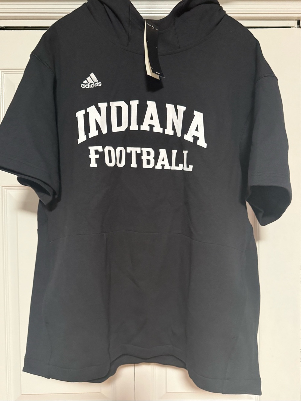 Adidas Indiana Football Black Short Sleeve Hoodie. 30” L x 27” 1/2 PTP approx.